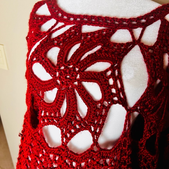 Red Hand Crochet Bell Sleeves Sweater! Size Large - Picture 5 of 15
